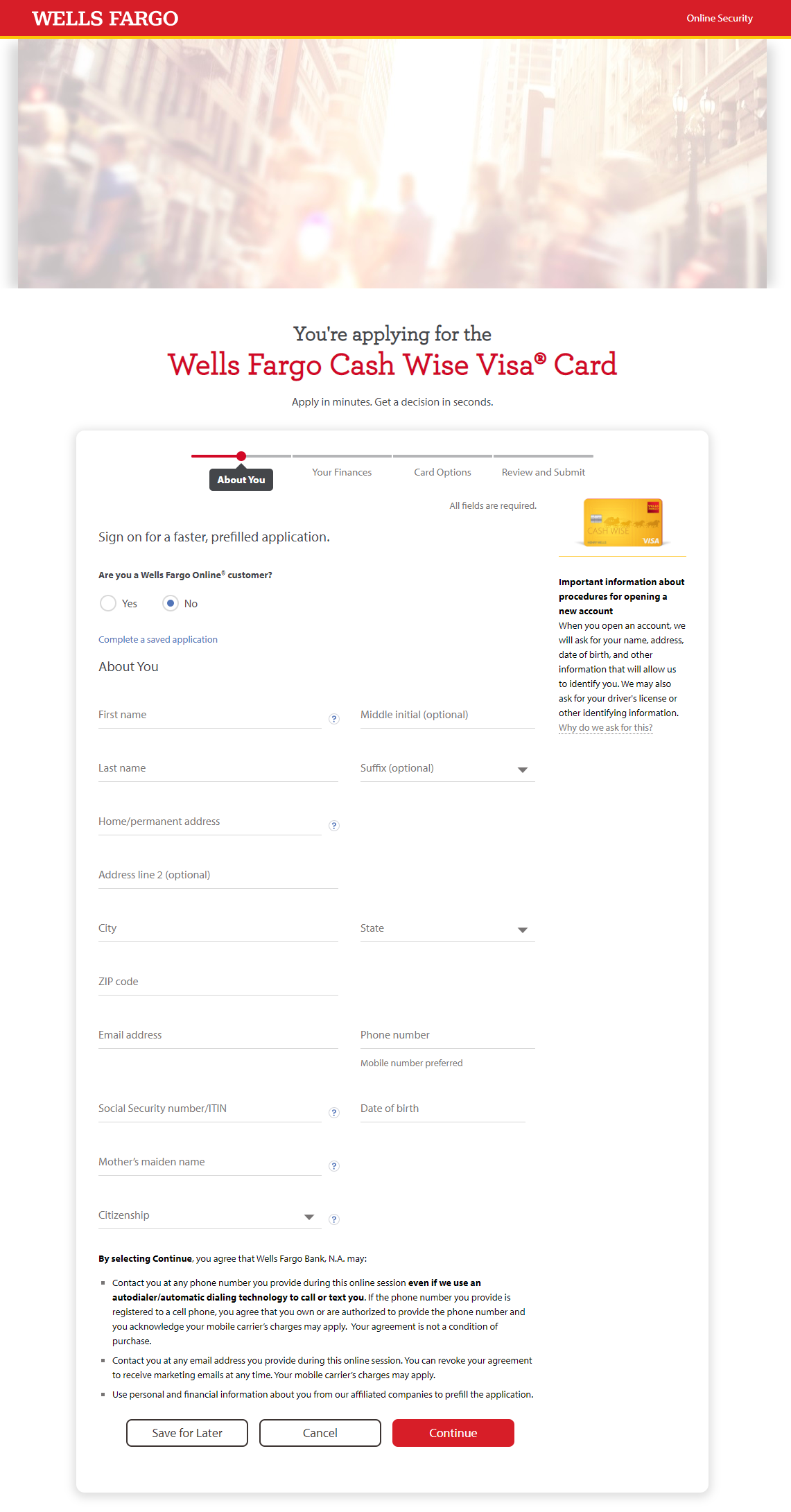 apply for a Wells Fargo Cash Wise Visa credit card